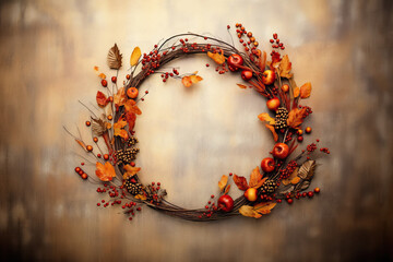 Elegant wreath of twigs with autumn berries, apples and leaves on wooden background