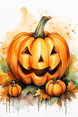 Watercolor illustration of funny happy Halloween pumpkin with carved grin among autumn foliage