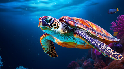 Fototapeta na wymiar Underwater Harmony: Ocean Turtle Among Colorful Marine Life and Coral in Vivid Realism