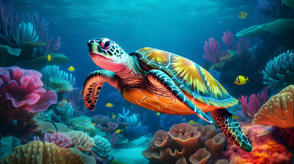 Obraz na płótnie Canvas Underwater Harmony: Ocean Turtle Among Colorful Marine Life and Coral in Vivid Realism