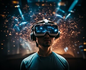 A young man iis wearing VR Headset. Futuristic background. Generative AI.