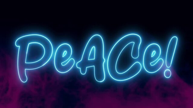 Peace text font with neon light. Luminous and shimmering haze inside the letters of the text Peace. Peace neon sign. 