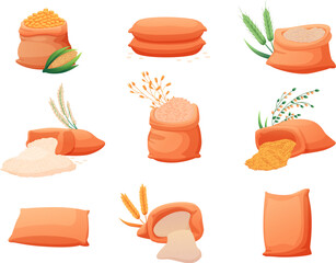 Cartoon bags with cereals. Rye flour, cereal different bag. Cooking ingredients, wheat, rice, millet grains and plants. Agriculture nowaday vector set
