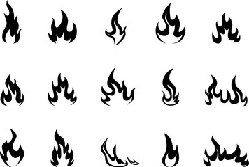 Blackfire icons. Black flames and fire silhouettes, grill hot symbols. Combustible substance fiery logo, monochrome flaming nowaday vector set