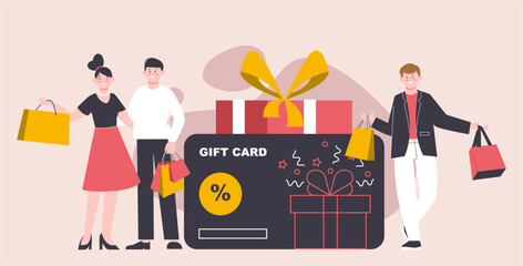 Gift and bonus card. Voucher benefits service, incentive customers. Sale cards and shopping boxes, presents for shoppers, splendid vector concept