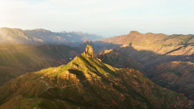 Aerial drone view of the roque nublo. volcanic landscape of Gran Canaria, Canary Islands Spain