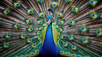 Fototapeta premium Portrait of beautiful peacock with feathers out