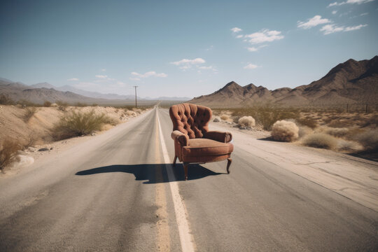 A broken chair is abandoned in the middle of the road, creating a timeless image with a metaphorical meaning. This outdoor shot in sepia tone is ideal for vintage and retro themes. AI Generative.