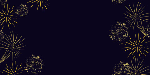 Fototapeta na wymiar Background dark sky with colored festive fireworks. Space for text. Design poster, flyers, greeting cards. Party, Christmas, birthday. Vector illustration.