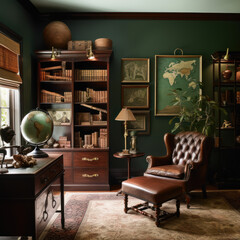  A classic reading room with dark wood bookshelves
