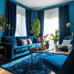  A blue living room with blue walls blue sofas blue 
