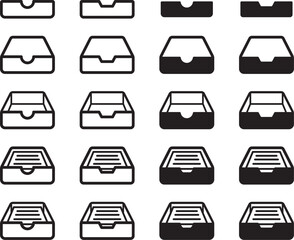 モノクロのタスクトレイ、受信トレイ、レタートレイのベクターイラストセット