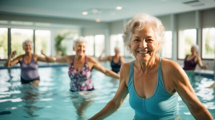 Active senior women enjoying aqua fit class in a pool, displaying joy and camaraderie, embodying a healthy, retired lifestyle

