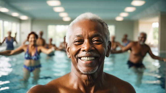 Active senior men enjoying aqua fit class in a pool, displaying joy and camaraderie, embodying a healthy, retired lifestyle
