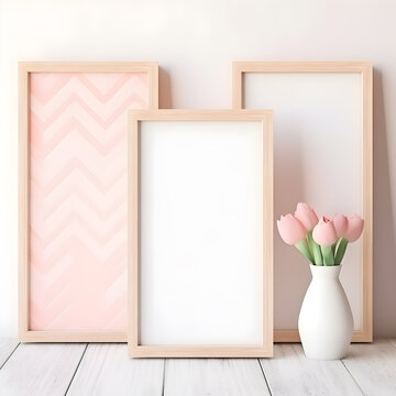 artwork frame mockup, design with pink flowers in vase, white background. best for mothers day, valentines, birthday or wedding