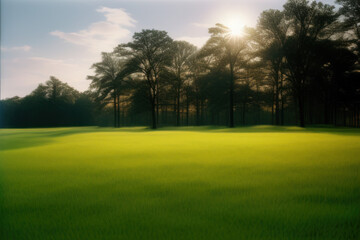 Obraz premium Green grass meadow under a peeking sun, Generative AI