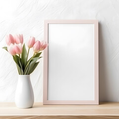frame with flowers artwork frame mockup, design with pink flowers in vase, white background. best for mothers day, valentines, birthday or wedding