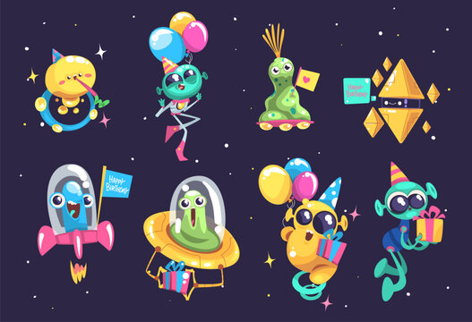 Aliens space party. Alien monster kid characters in extraterrestrial spaceship, cute ufo cool little silly crazy creatures child birthday on outer spaces classy vector illustration