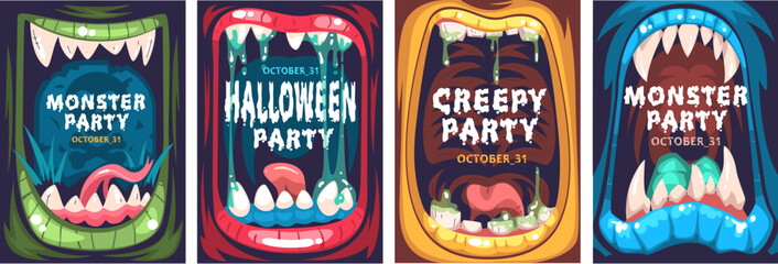 Monster mouths posters. Crazy monsters open mouth typography flyer frame for halloween night party banner, scary creature animal teeth and tongue, horror classy vector illustration © ssstocker