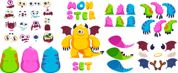 Monster creation. Monsters constructor for create animation of cute creature characters construction, funny mascot body parts arm combination, avatar kit classy vector illustration © ssstocker