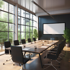 An Elegant and empty meeting boardroom with presentation. A conference table with a big TV screen, representing the idea of teamwork and collaboration