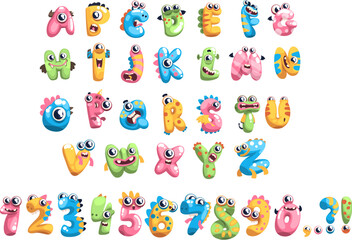 Monsters alphabet. Monster font type crazy fantastic creatures lettering cheerful letter with screaming eyes funny children handlettering english letters classy vector illustration