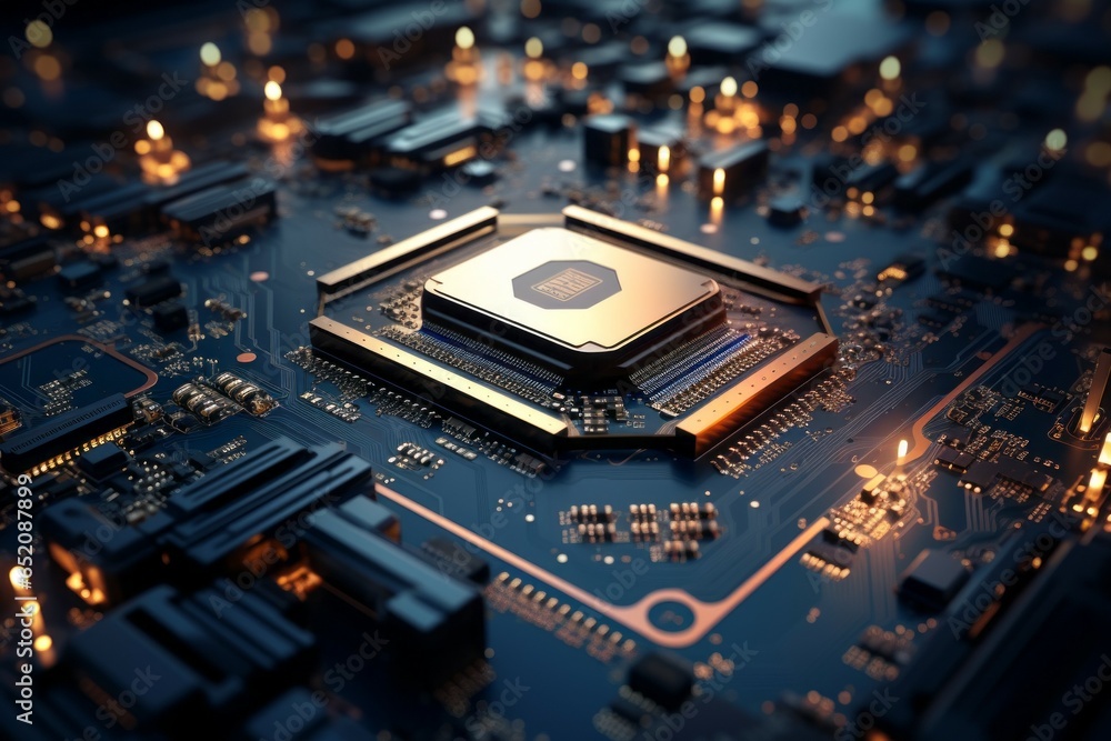 Poster cpu processor or modern chip with selective focus and copy space. power for machine learning ai conc