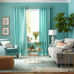 A turquoise living room with an aqua wall an aqua

