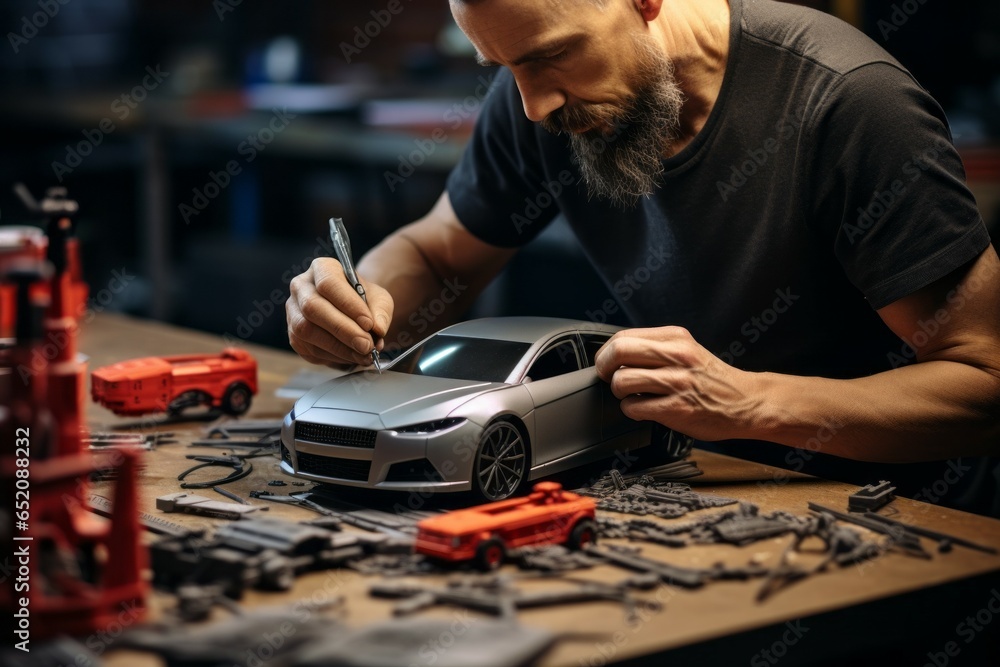 Poster a car modeler is working on a prototype model. background with selective focus and copy space