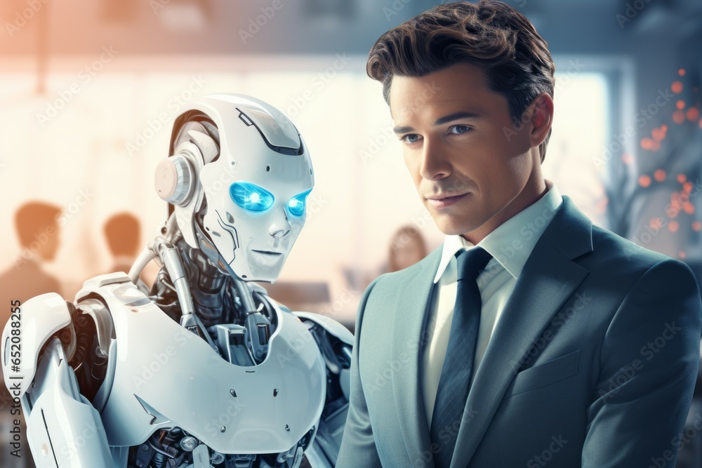Poster the concept of futuristic robots in the life of a modern person. background with selective focus