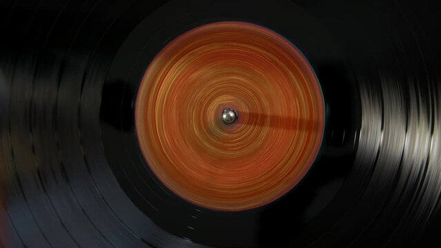 Black vinyl Retro with yellow color screen in center record on DJ turntable. 