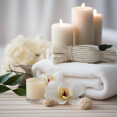 spa still life composition of spa candles and towels on white table