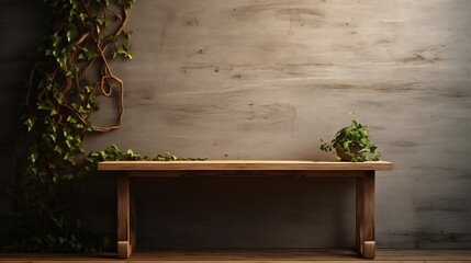 a wooden bench with a plant on the wall generated with Ai
