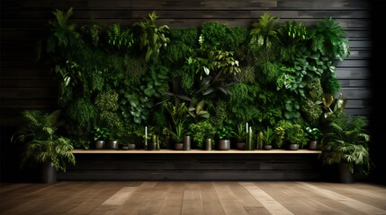 a wall with a green plant and wooden floor generated by Ai