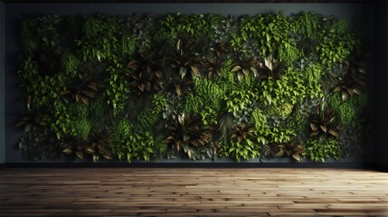 a wall with a green plant and wooden floor generated by Ai