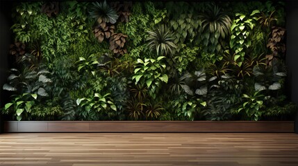 a wall with a green plant and wooden floor generated by Ai