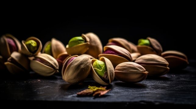 Pistachios on the black background. Pile of pistachio nuts, closeup.