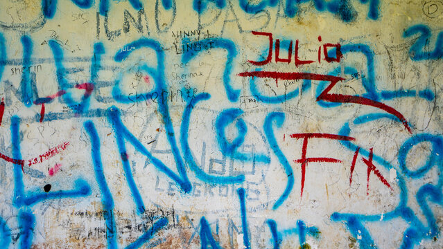 South Minahasa, Indonesia - January 29, 2023: abstract writing on old white wall