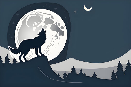 picture of a wolf standing in the background of a giant crescent moon Generative AI