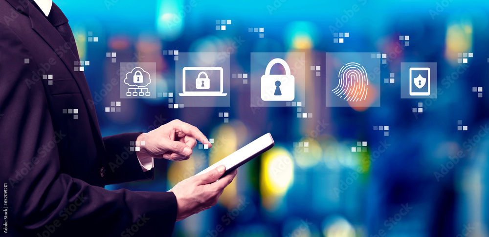 Poster internet network security concept with businessman using a tablet computer at night