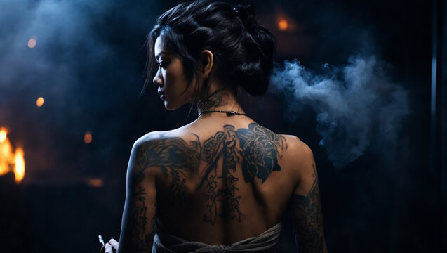 woman with saber in hand, bare back, tattoos, Japanese features, night black background, cinematography, smoke,