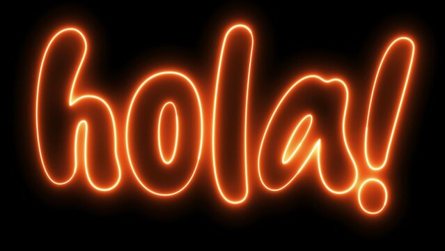 Hola text font with neon light. Luminous and shimmering haze inside the letters of the text Hola. Hola neon sign.