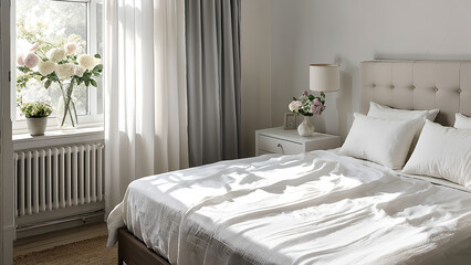 A clean and white bed with white curtain
