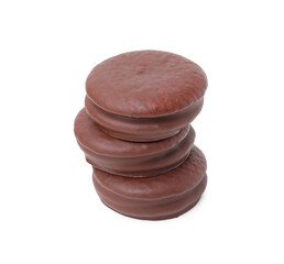 Stack of tasty choco pies isolated on white