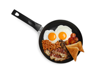 Frying pan with cooked traditional English breakfast isolated on white, top view