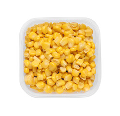 Plastic container with tasty corn kernels isolated on white, top view