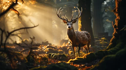 Schilderijen op glas Deer in the forest at sunrise © thodonal