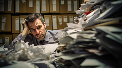 Tired and stressed businessman with piles of papers in the office - Powered by Adobe