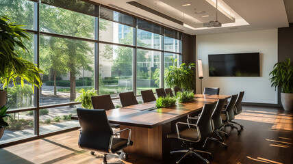 Interior of modern eco design office meeting room with panoramic windows. Concept of green industry and environment protection - obrazy, fototapety, plakaty