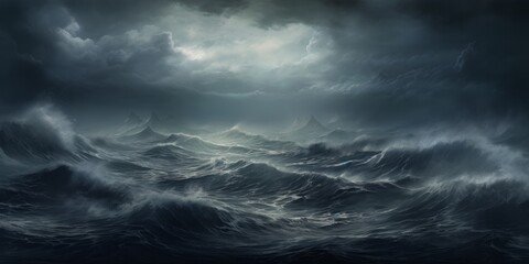 Stormy roiling sea under a dark sky.  Waves in the ocean, large with ominous cloudy sky. Generative AI. 
 - obrazy, fototapety, plakaty